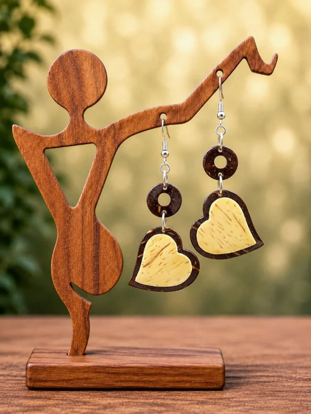 Two-Tone Wood Heart Drop Earrings